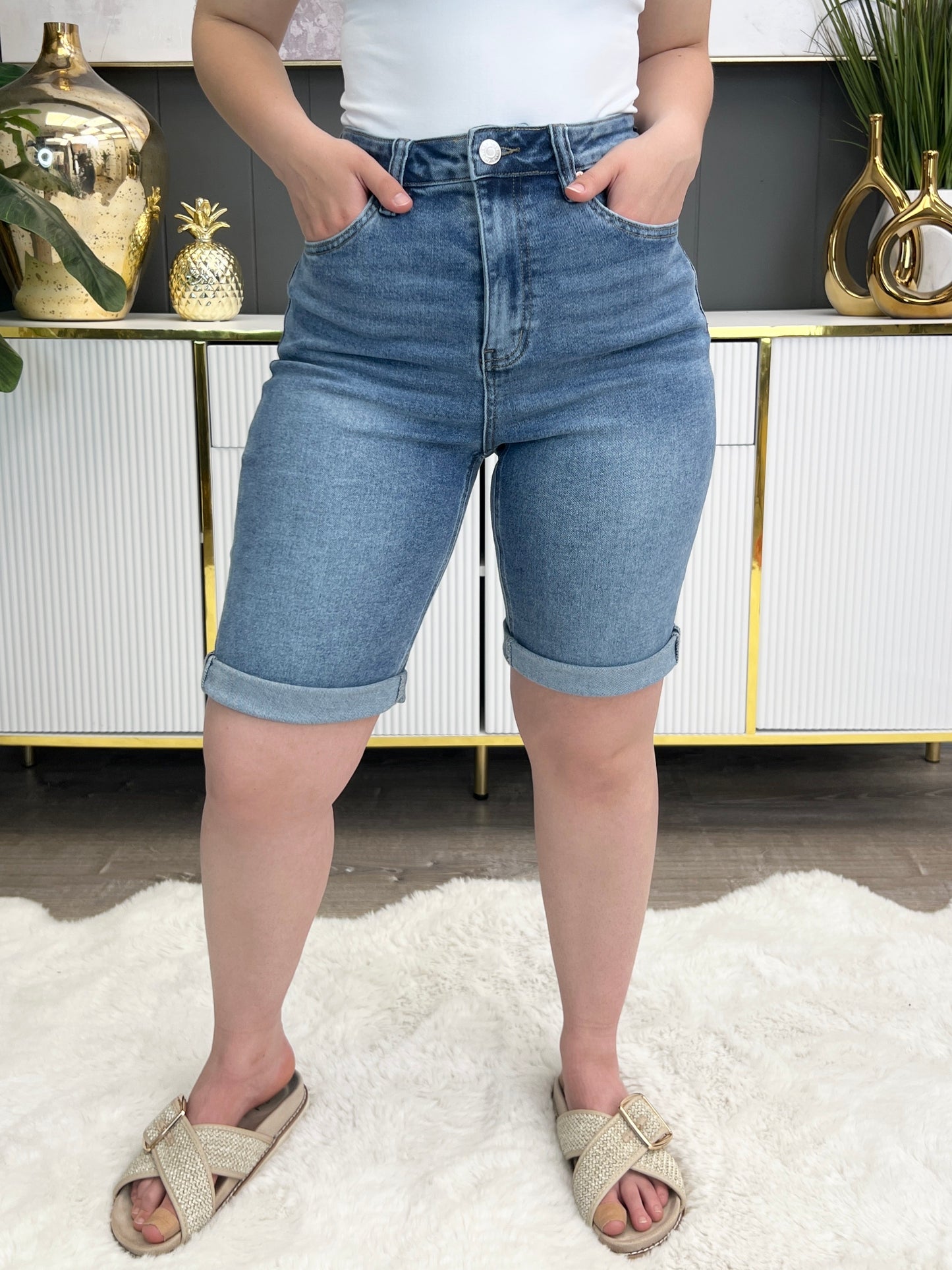 Alyssa High-Rise Denim Bermuda Shorts - Premium Stretch