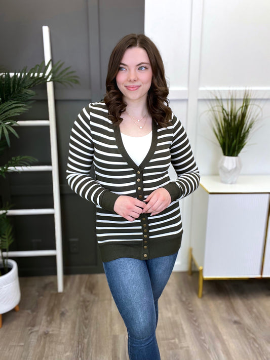 Women's REG/PLUS Olive & White Striped Snap Button Cardigan
