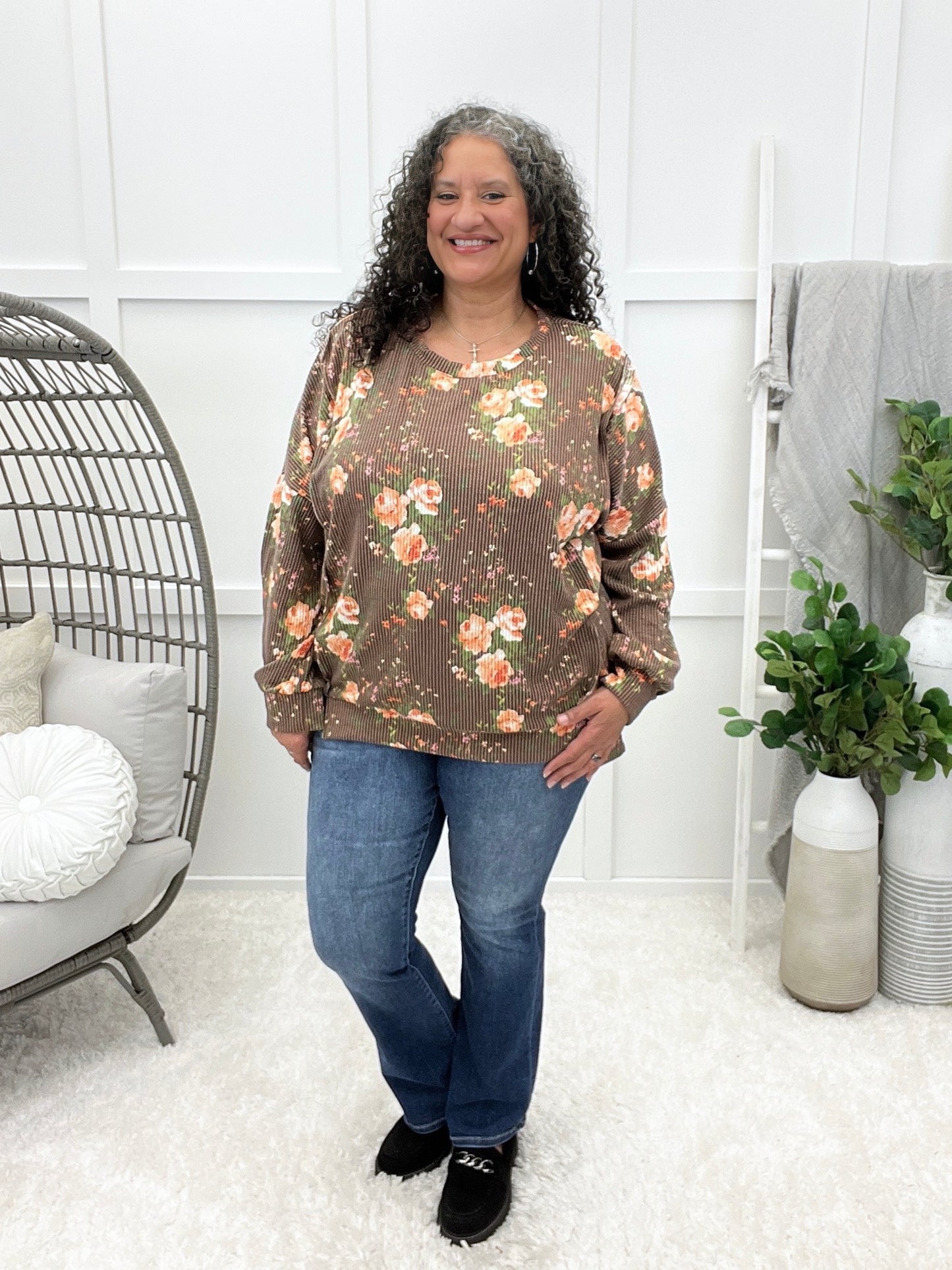 Women's Brown Floral Print Oversized Pullover Top