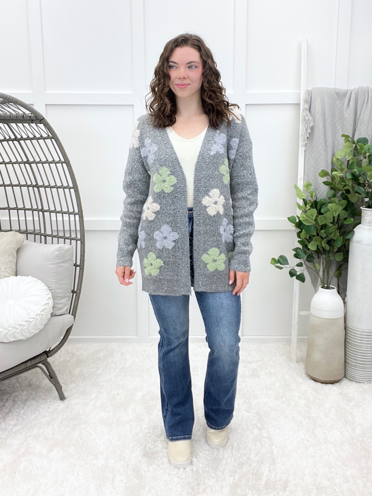 Puff Floral Two Tone Sweater Cardigan