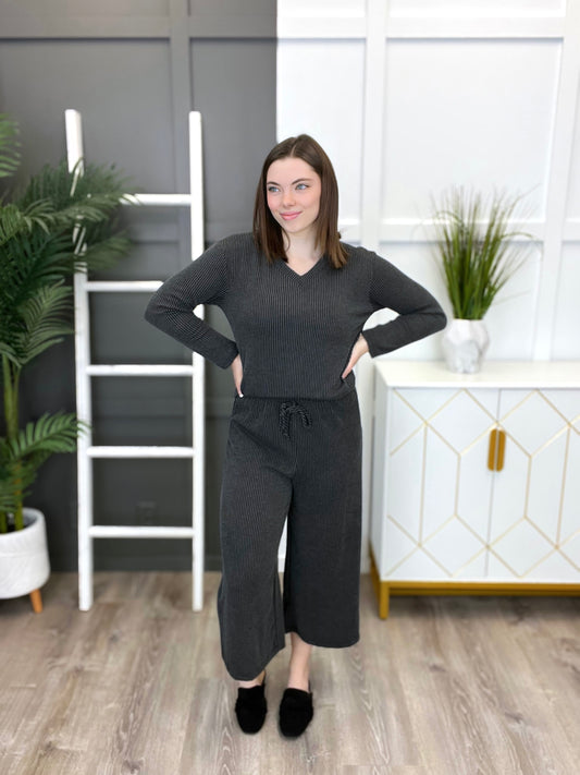Women's Charcoal Long Sleeve Top & Pant Ribbed Lounge Set
