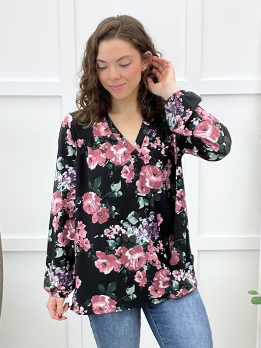 Women's Black Floral Print V-Neck Top