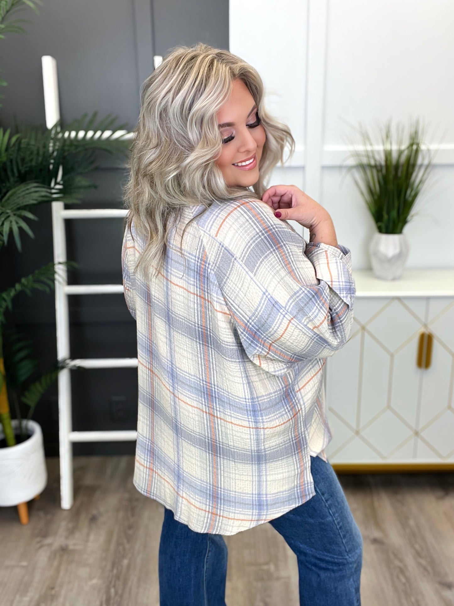 Women's Denim & Orange Plaid Button Up Top
