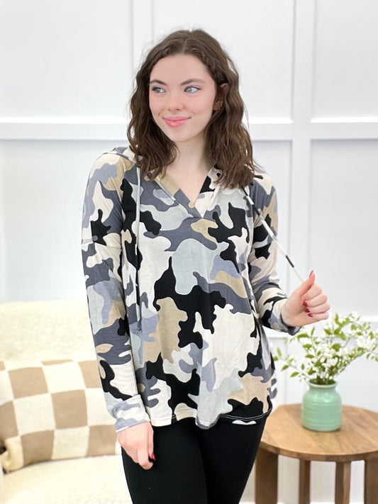 Women's Black & Taupe Camo Print Hoodie Top