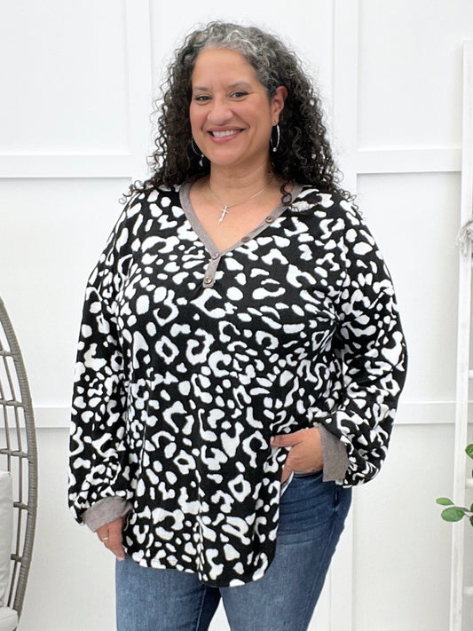 Women's Black & White Leopard Print Top w/ Button Detail