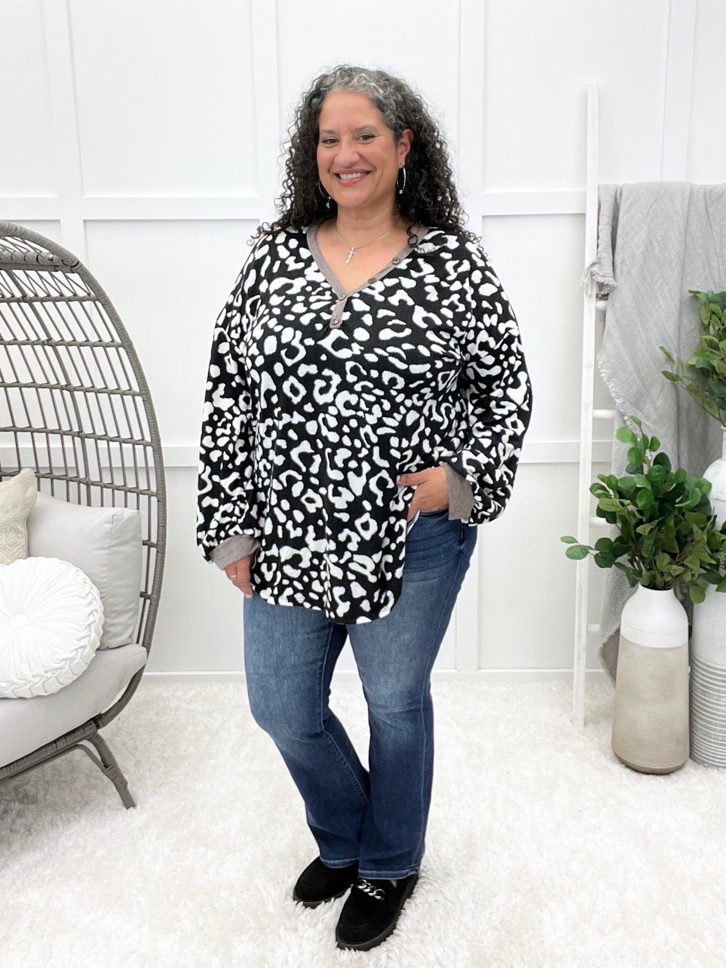 Women's Black & White Leopard Print Top w/ Button Detail