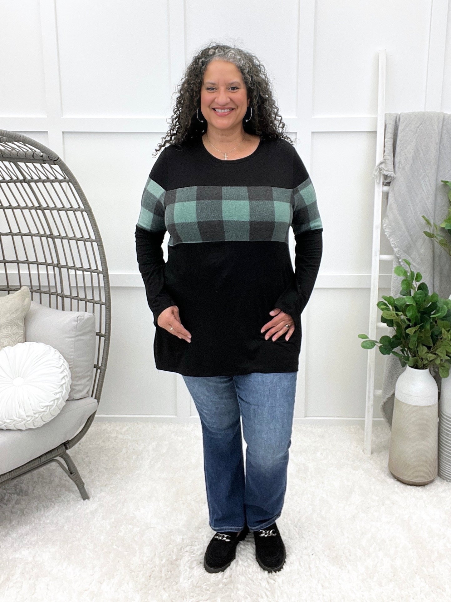 Women's Black Top w/ Green & Black Plaid Contrast