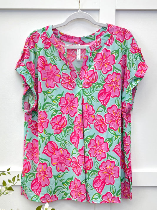 Dear Scarlett Women's Mint & Pink Floral Print Short Sleeve Lizzy Top