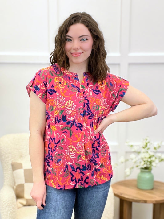 Dear Scarlett Women's Pink Multi Color Floral Short Sleeve Lizzy Top