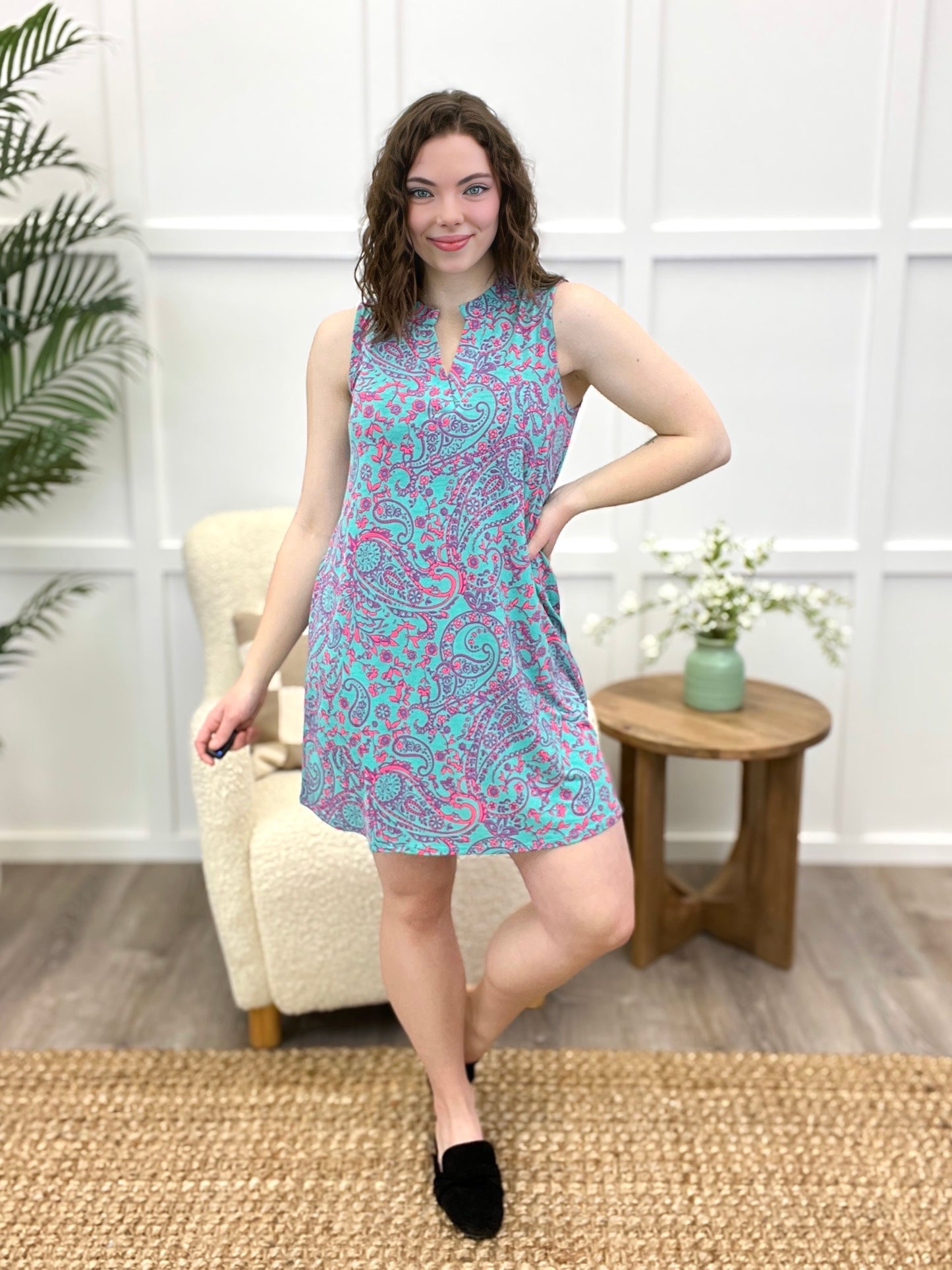 Dear Scarlett Women's Teal & Pink Paisley Sleeveless Lizzy Dress