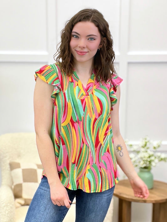 Dear Scarlett Women's Multi Color Abstract Print Flutter Sleeve Lizzy Top