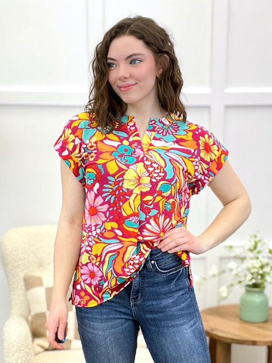 Dear Scarlett Women's Magenta Floral Print Short Sleeve Lizzy Top