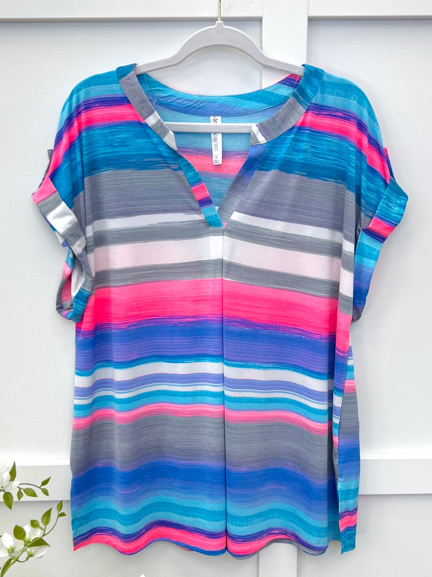 Dear Scarlett Women's Multi Color Horizontal Stripe Short Sleeve Lizzy Top