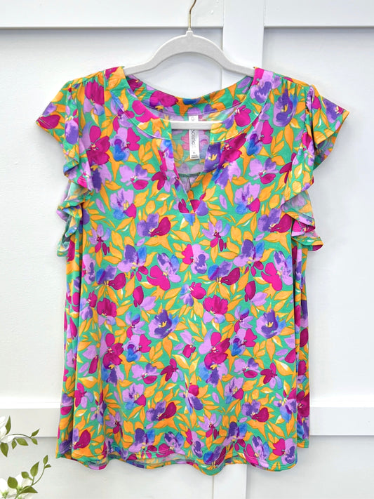 Dear Scarlett Women's Light Teal Floral Flutter Sleeve Lizzy Top