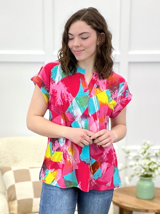 Dear Scarlett Women's Coral Abstract Short Sleeve Lizzy Top