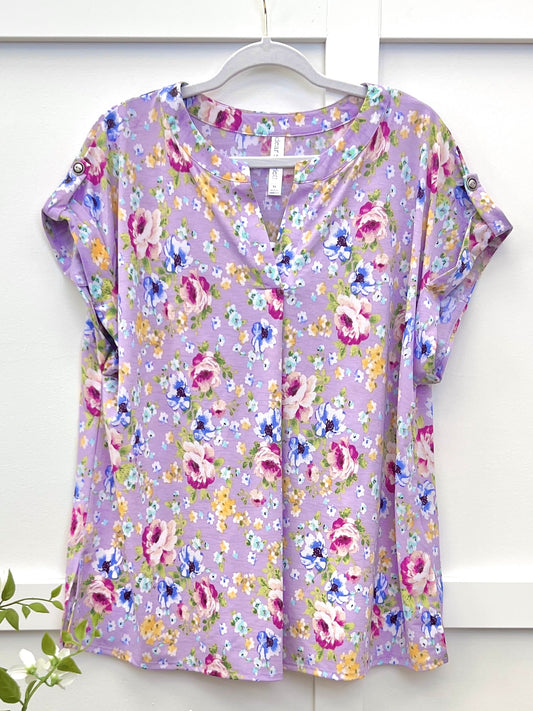 Dear Scarlett Women's Lavender Floral Print Short Sleeve Lizzy Top