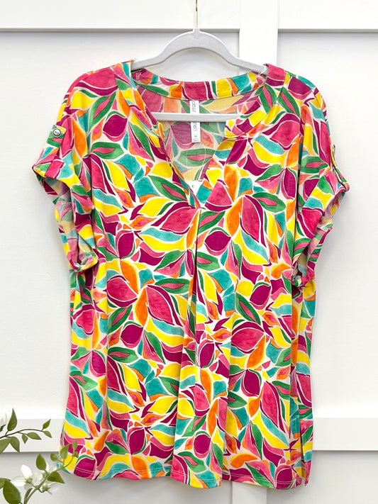 Dear Scarlett Women's Multi Color Leaf Print Short Sleeve Lizzy Top