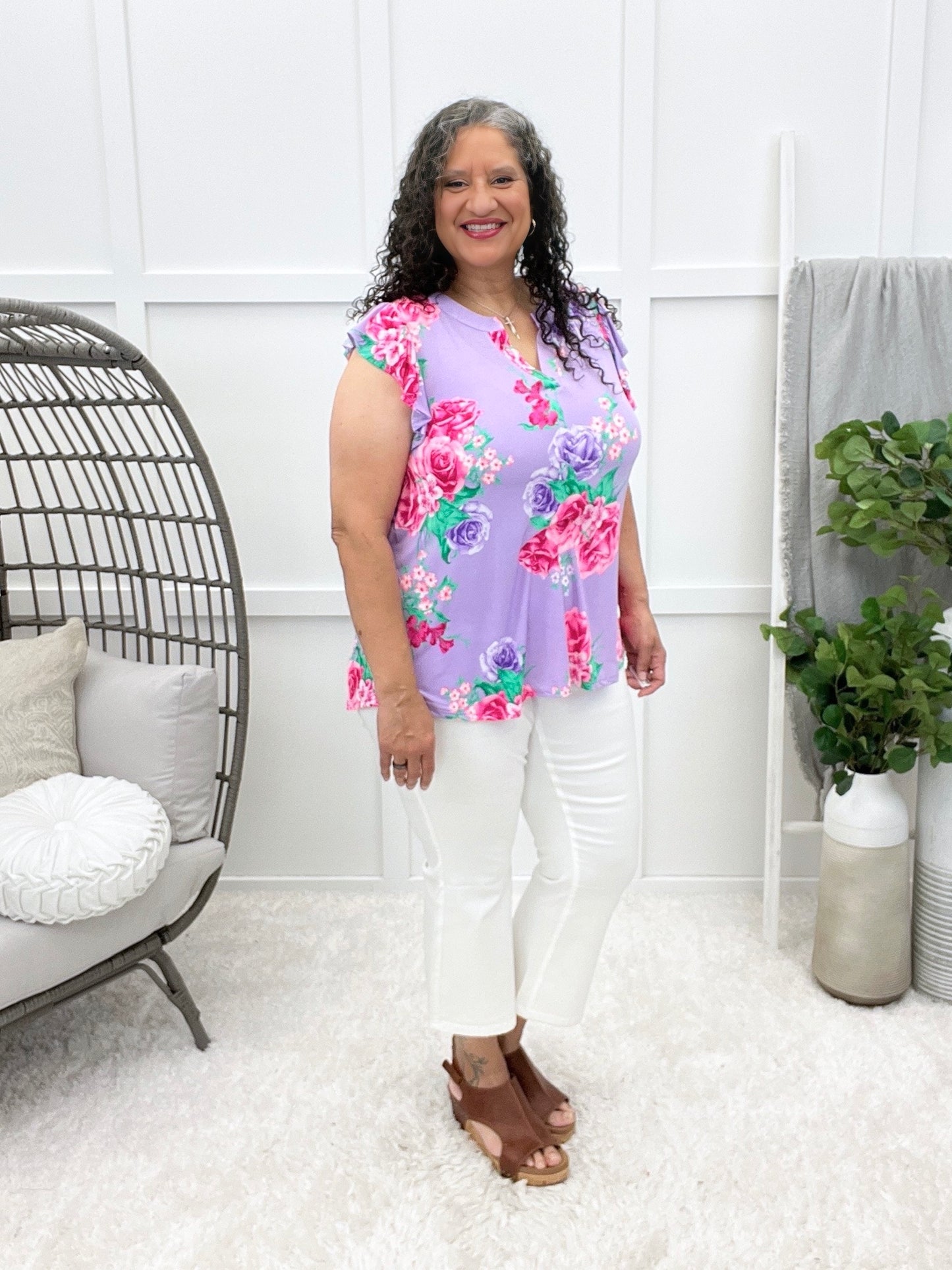 Dear Scarlett Vibrant Floral Flutter Sleeve Top