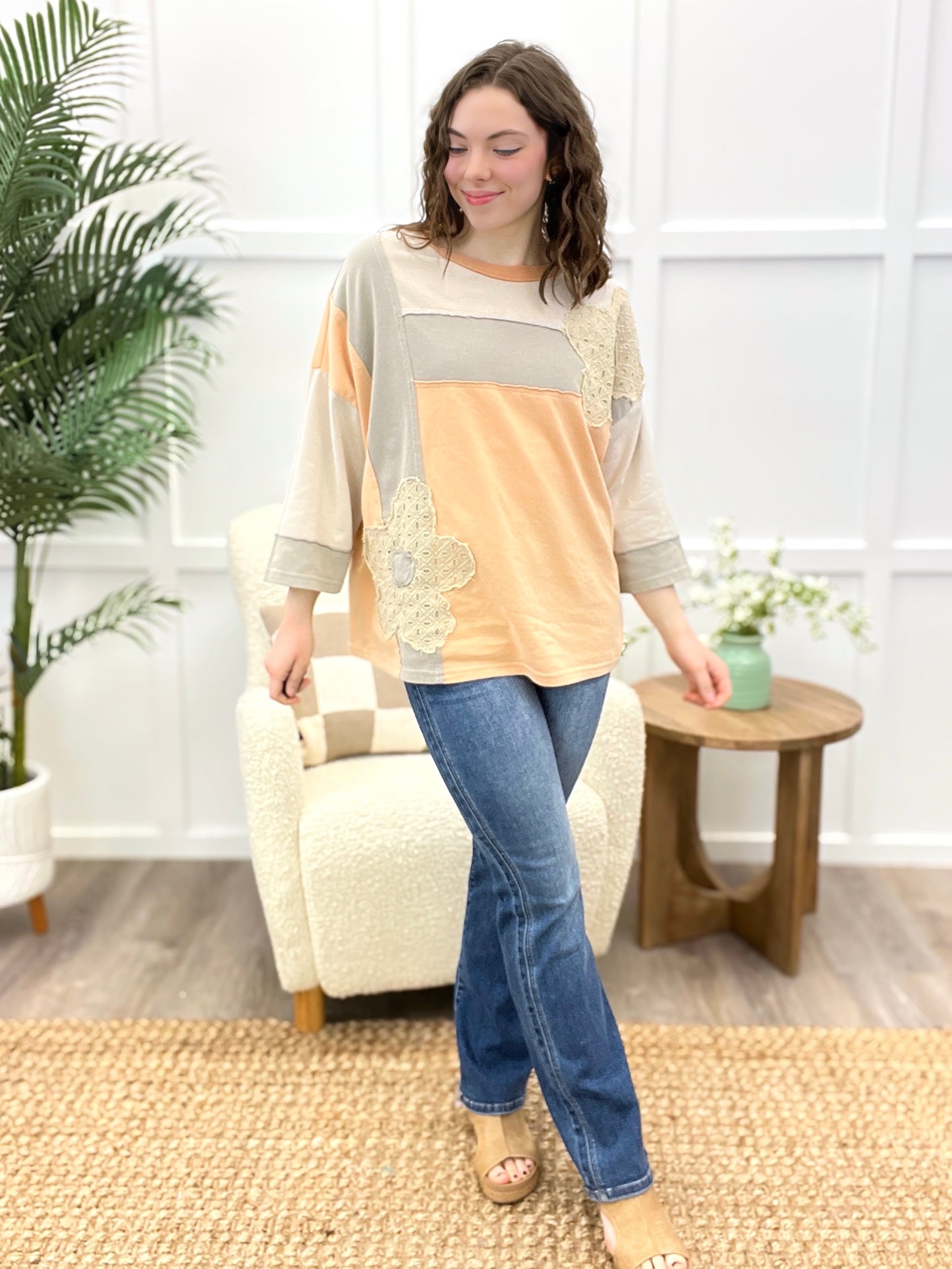 Chai Blossom Flower Patch Color Block Mineral Washed Terry Knit Top