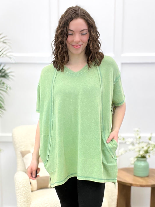 Green Apple Oversized V-Neck Cotton Blend Top