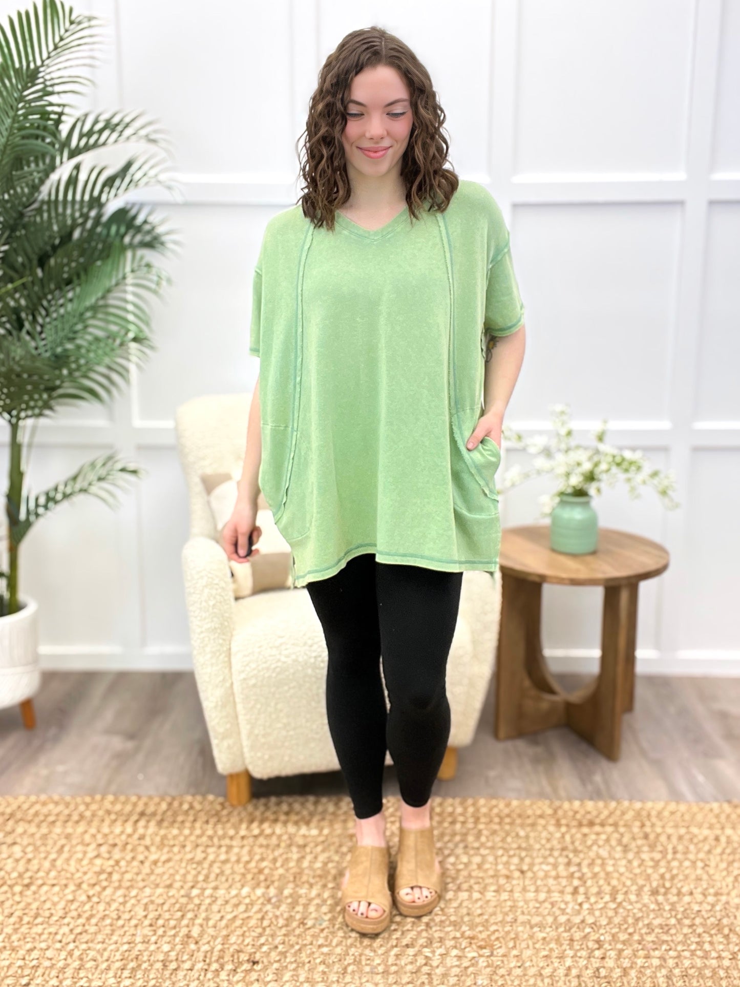 Green Apple Oversized V-Neck Cotton Blend Top
