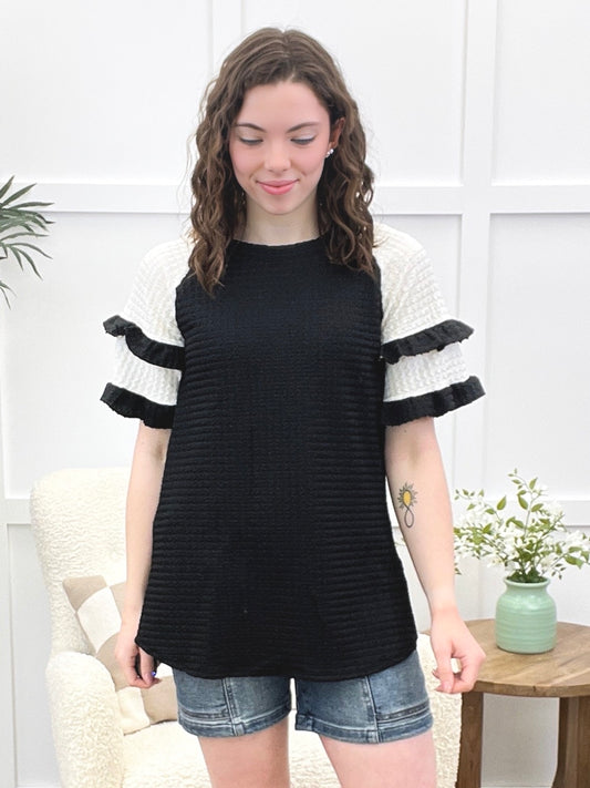 Waffle Frills Top - Black