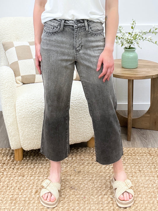 Ivy High Rise Vintage Grey Embroidered Crop Wide Jeans By Judy Blue