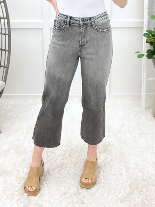 Ivy High Rise Vintage Grey Embroidered Crop Wide Jeans By Judy Blue