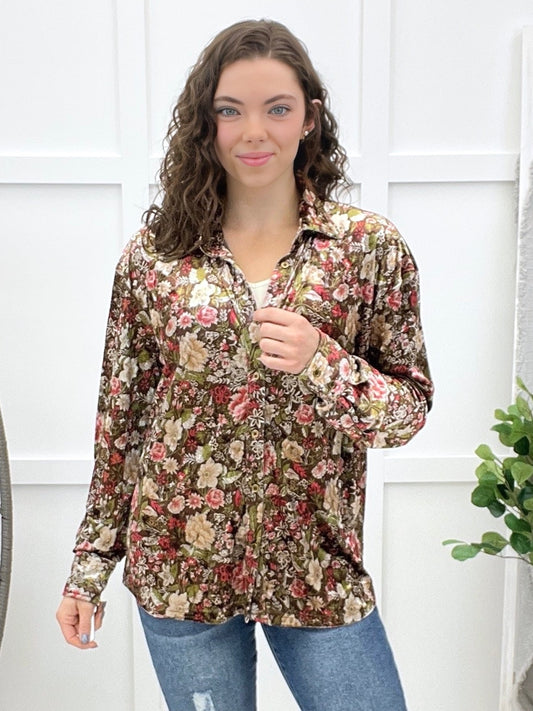 Midnight Bloom Velvet Button-up Top