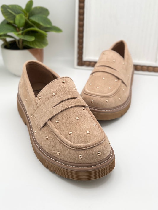 Corkys Stud Muffin Loafers - Sand Faux Suede