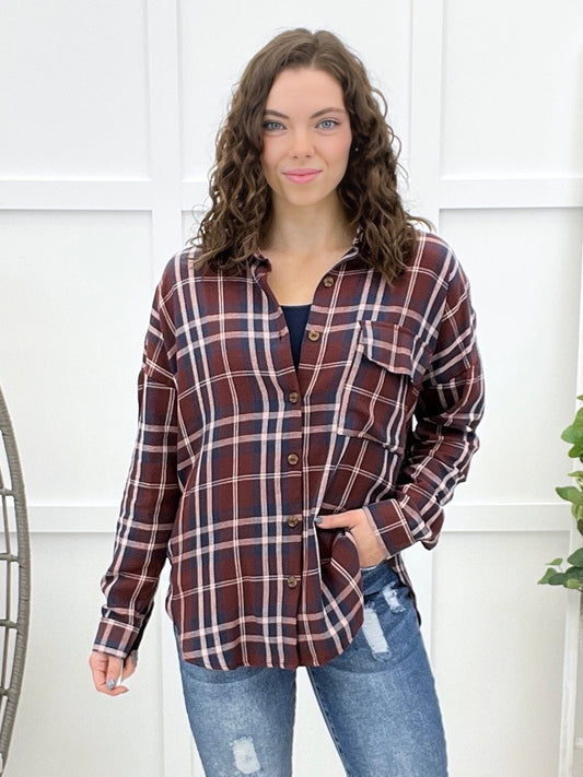 Crossing Paths Plaid Button-up Top - Burgundy