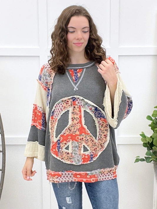 Patchwork Peace Top - Charcoal