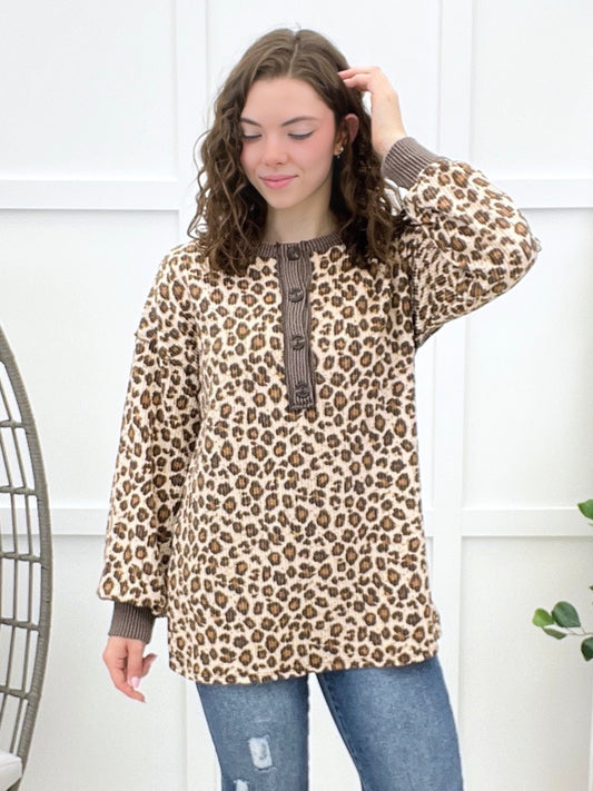 What Can Go Right Leopard-print Henley Top