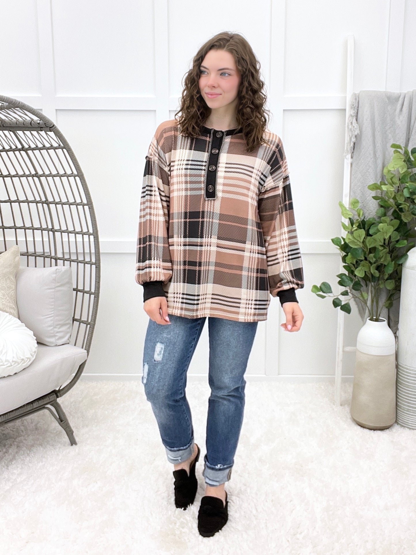 Cozy Charm Plaid Henley Top