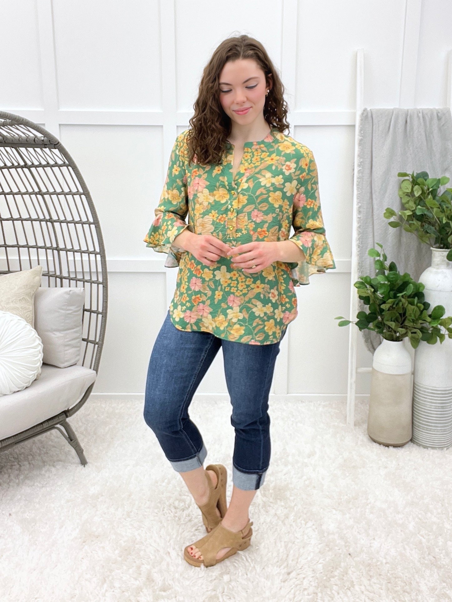 Sunlit Petals Ruffle Sleeve Top