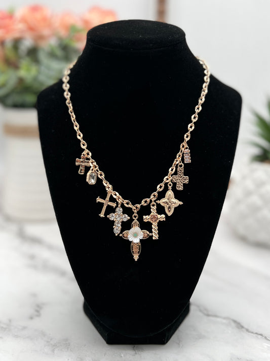 Charm Necklace - Multi-Cross Crystal Charm