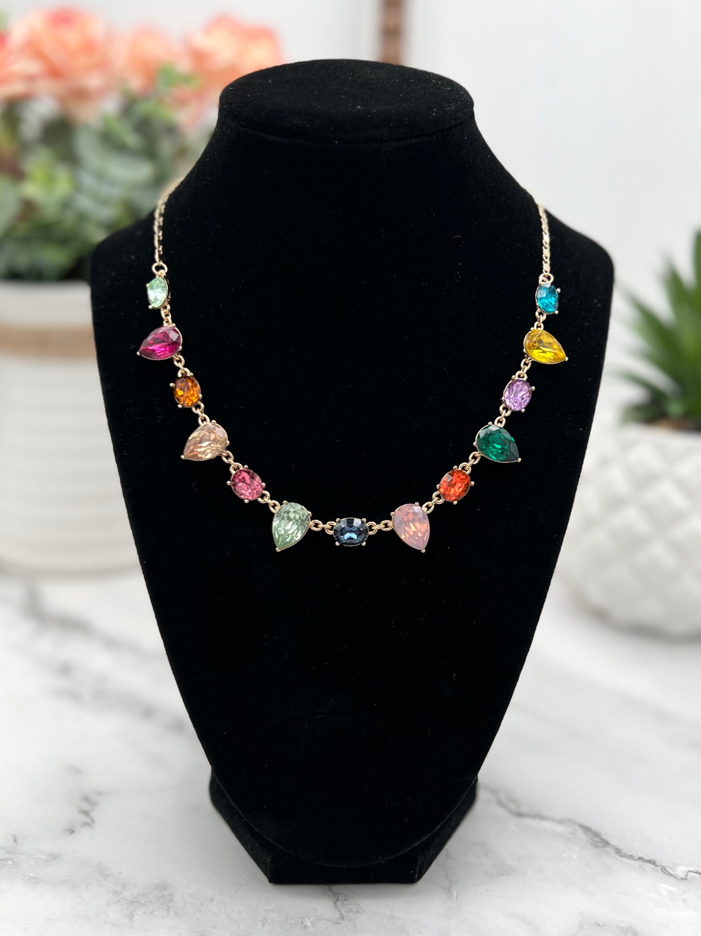 Rainbow Pear Gemstone Dangle Necklace