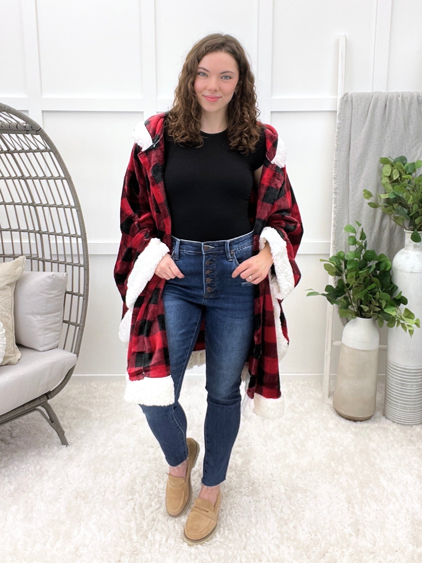 Angel Wrap Hoodie Sherpa Poncho Blanket - Checkered Red/Fleece