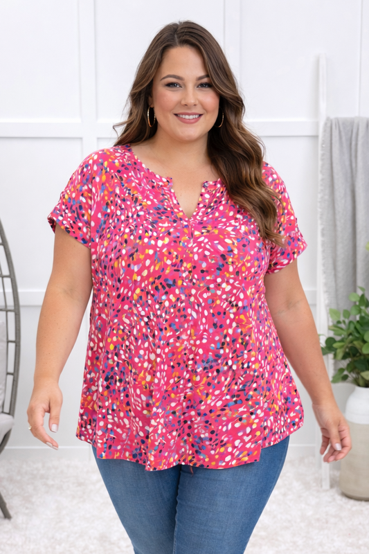 Dear Scarlett Women's Pink Splatter Print Short Sleeve Lizzy Top