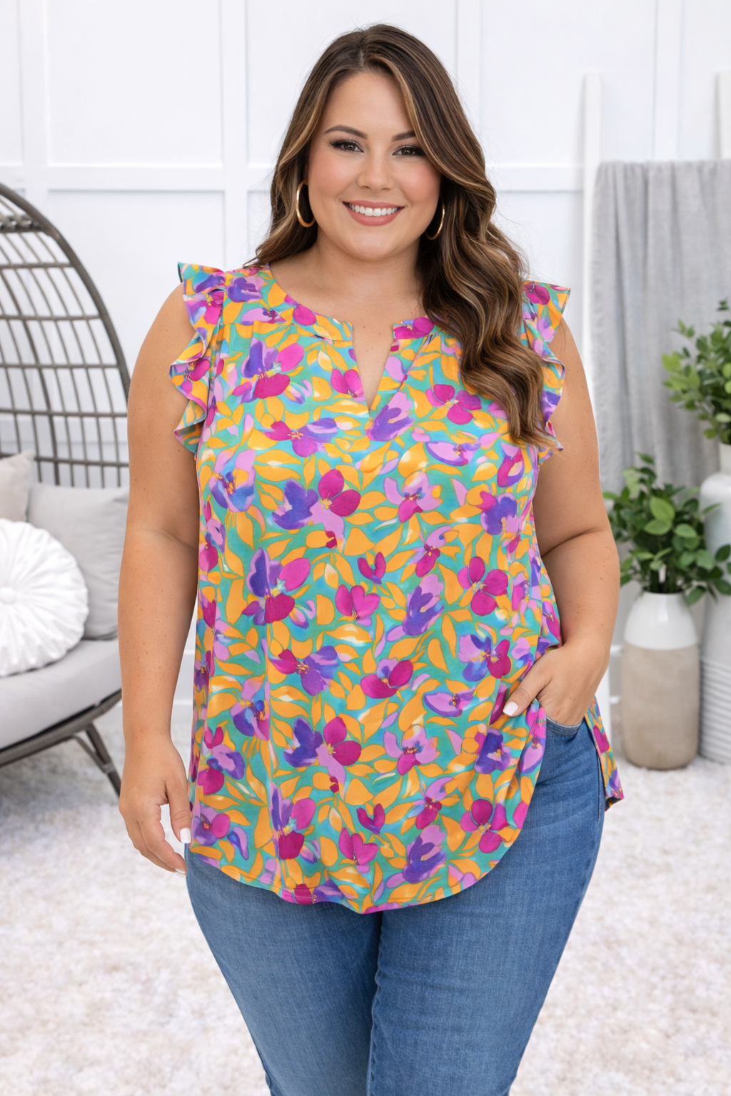 Dear Scarlett Women's Light Teal Floral Flutter Sleeve Lizzy Top