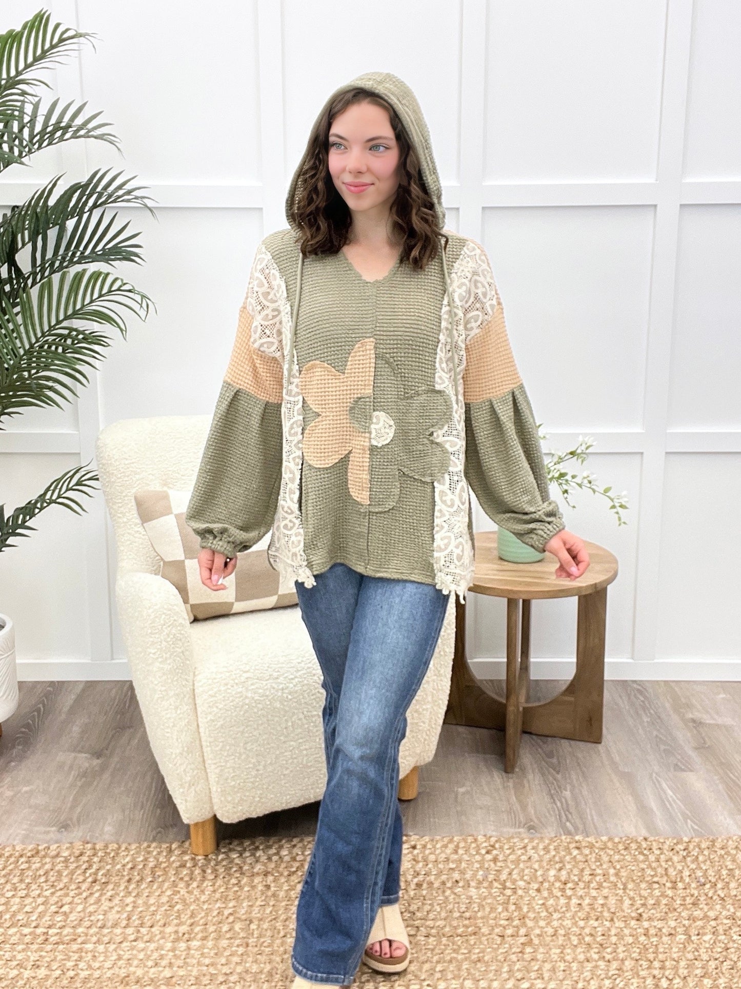 Posy Drift Textured Top - Olive