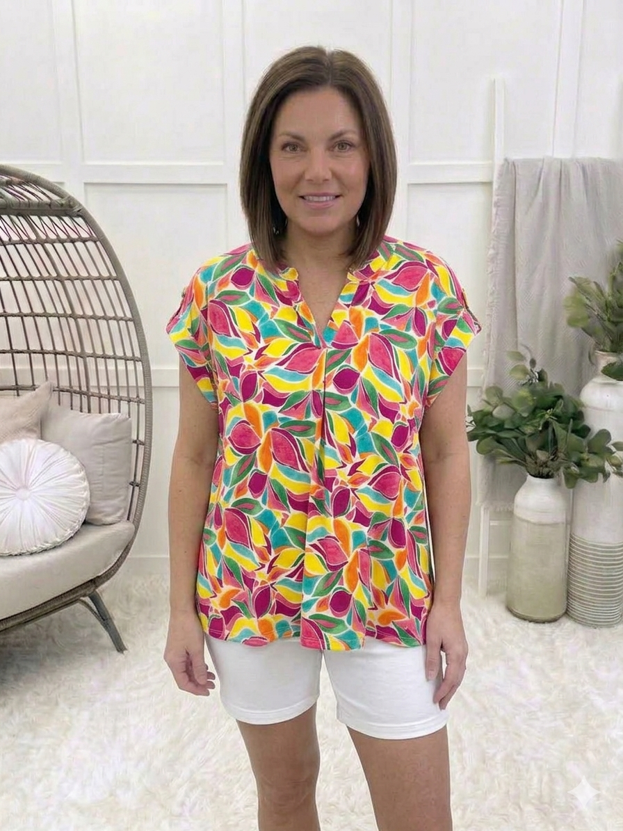 Dear Scarlett Women's Multi Color Leaf Print Short Sleeve Lizzy Top