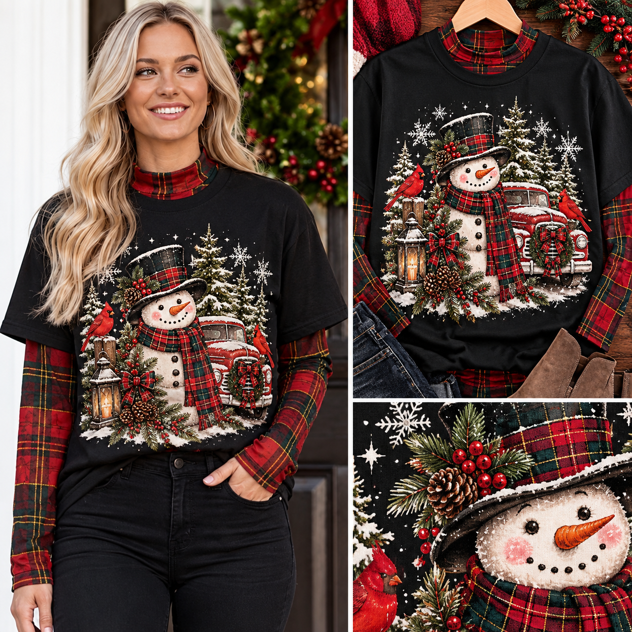 Snowman & Cardinals Plaid Winter Wishes