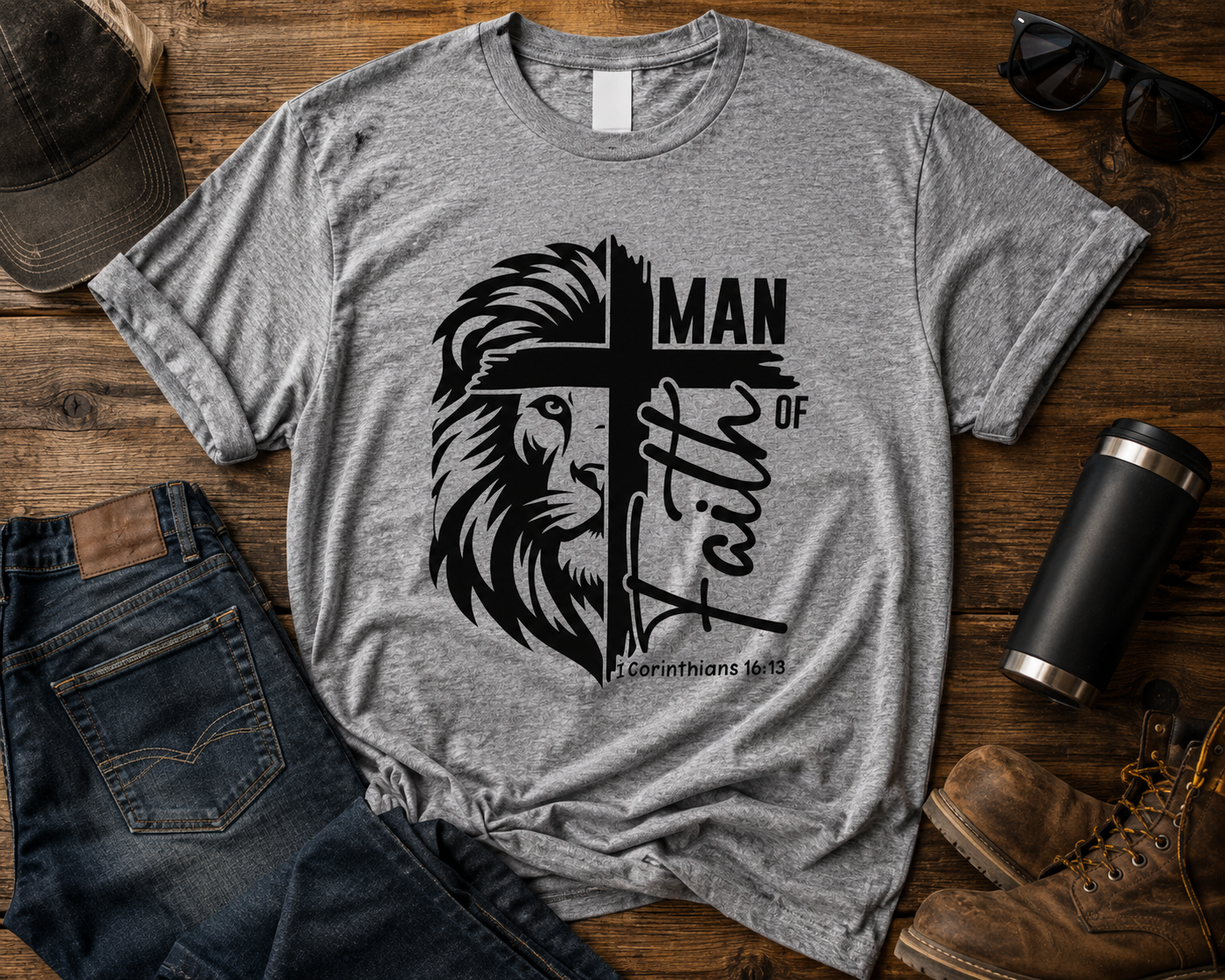 Man of Faith Heather Grey Tultex men's graphic tee flat lay
