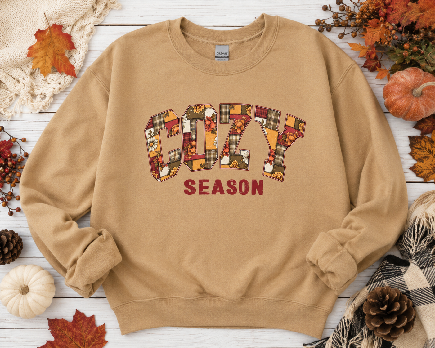 Cozy Season Sandstone sweatshirt fall flat lay