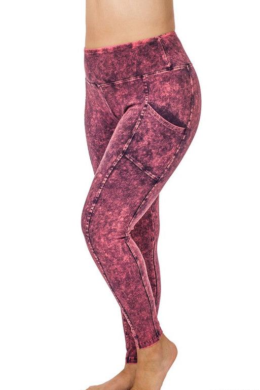 Women's Mineral Washed Magenta Leggings w/ Pockets