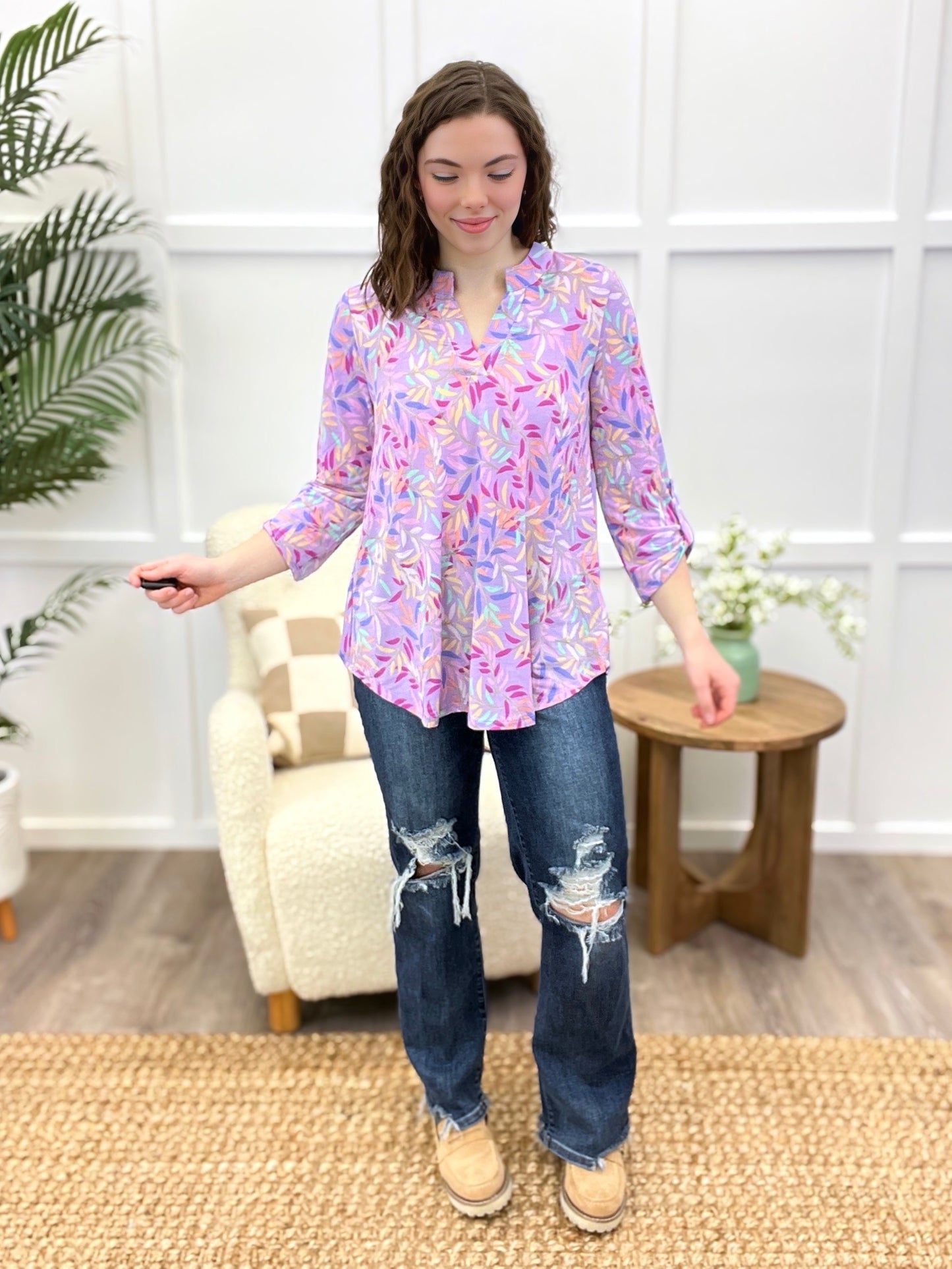 Dear Scarlett Lavender Whisper Leaf Print Tunic