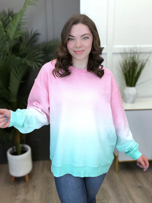 Women's REG/PLUS Pink & Mint Ombre Corded Pullover Top