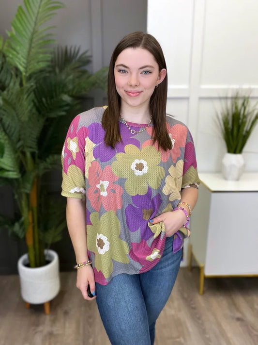 Women's PLUS Grey Floral Print Oversized Top