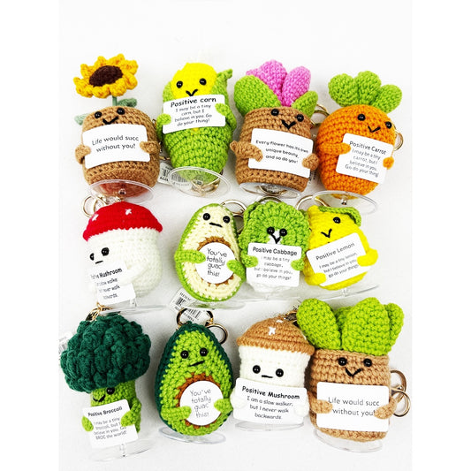 Positive Veggie and Plant Crochet Keychain